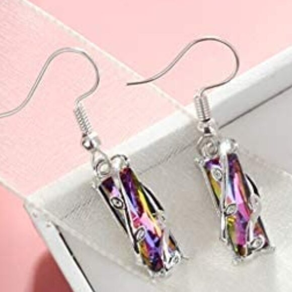 Colorful Crystal Clear Delicate Silver Plated Colorful Dangle Earrings, VP1008 - Picture 4 of 5